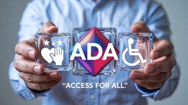 Access for All Concept with Man Holding ADA Text and Icons on Glass Cubes, Representing Digital Accessibility and Civil Rights Legislation.