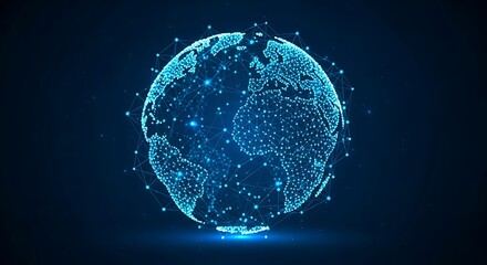 High-tech representation of Earth with glowing blue dots and lines illustrating global communication and data sharing