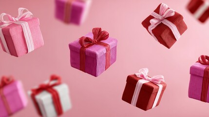 Colorful gift boxes in various sizes and shapes, floating against a soft pink background, creating a festive atmosphere perfect for celebrations and special occasions with a cheerful vibe