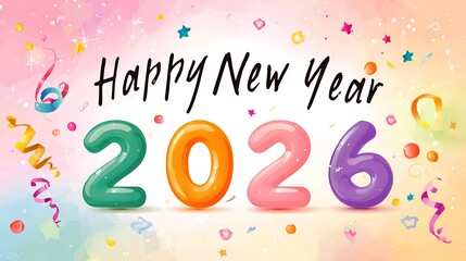 Happy New Year 2026 celebration with colorful balloons and confetti