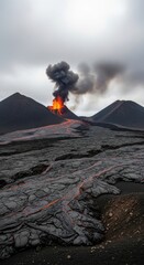 Volcanic eruption with glowing lava flow and dark ash cloud against a cloudy sky