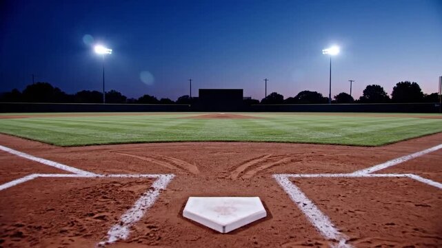 Empty baseball field at night illuminated by bright stadium lights from home plate perspective