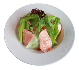 A delicious and healthy salmon salad served on a white plate. This vibrant dish features fresh lettuce and flavorful salmon fillets, perfect for a light meal