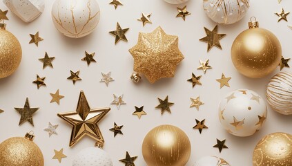 Fototapeta premium Golden Spheres and Stars Composition, A Festive Arrangement of Shapes and Textures.