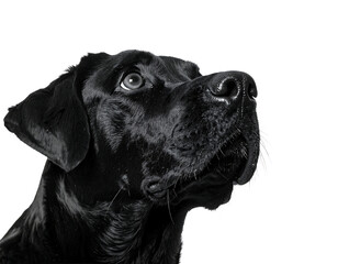 Close up portrait of a black labrador dog looking up with curious eyes isolated on transparent background