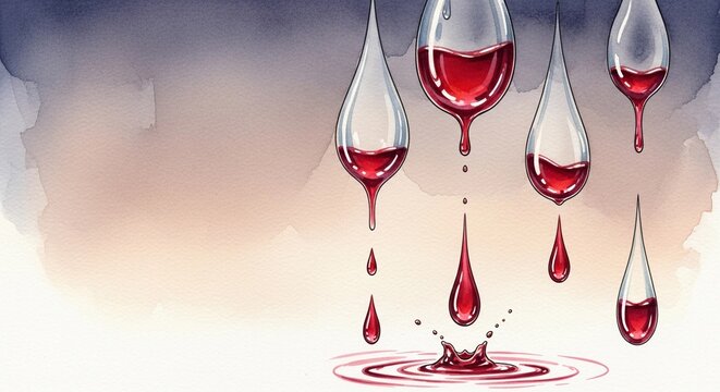 Red liquid droplets fall into a pool, symbolizing alcohol and its effects. The background is softly blurred, enhancing the focus on the droplets.