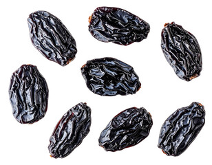A collection of dark raisins scattered across a black surface isolated on transparent background