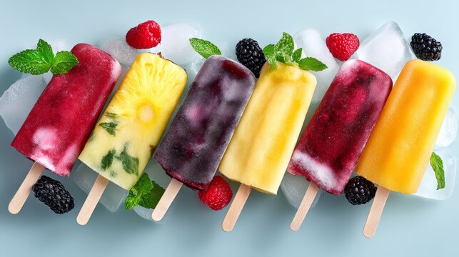 Colorful assortment of frozen fruit popsicles arranged on a light blue background, featuring vibrant flavors and garnished with fresh mint leaves, showcasing a refreshing summer treat for all ages - Powered by Adobe