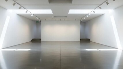 Empty modern art gallery interior with bright natural light and polished floor exhibition hall space