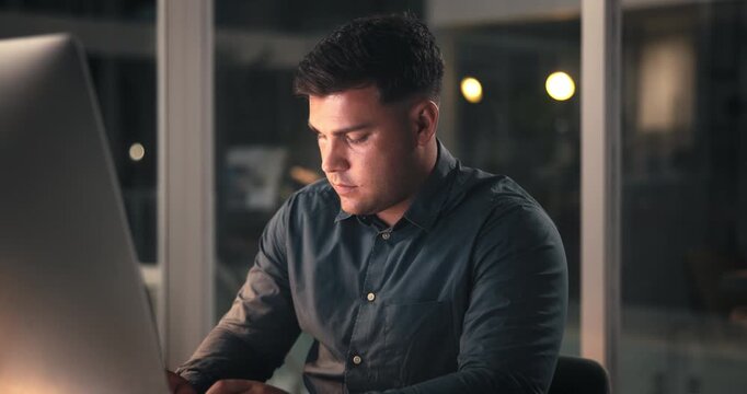 Business, man and computer in office at night for editor feedback, information and article summary. Journalist, typing and pc for proofreading news, editing draft and deadline for story publication