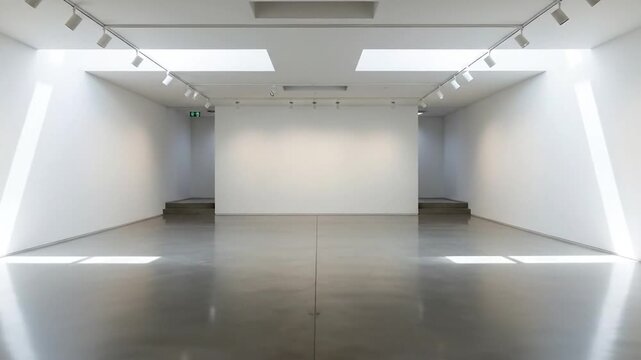 Empty modern art gallery interior with bright natural light and polished floor exhibition hall space
