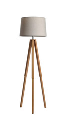 Modern wooden tripod floor lamp with cream shade isolated on transparent background