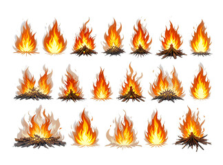 Set of varied campfire and bonfire illustrations showing bright yellow and orange flames over burning wood and kindling, isolated on white.