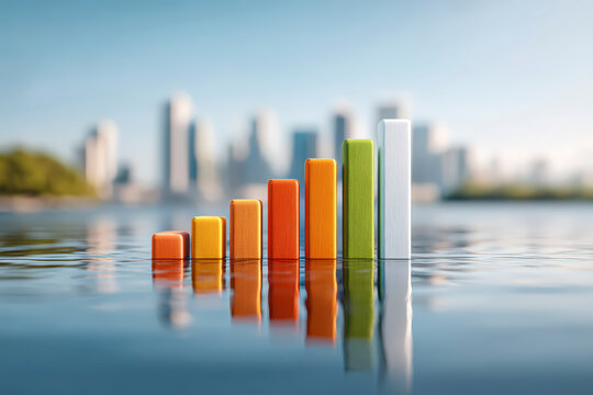 Colorful bar graph rising from water with a city skyline in the background, reflecting financial growth or environmental data visualization.