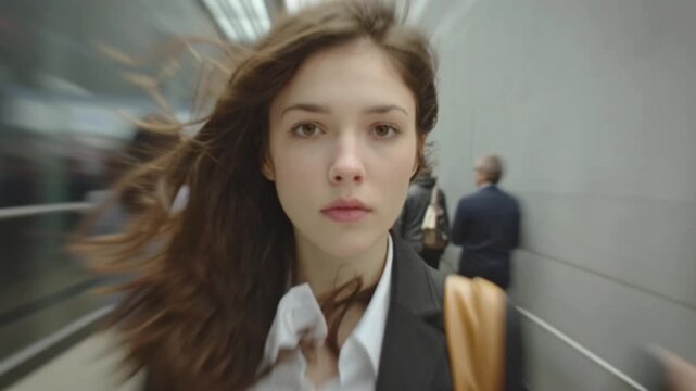 A cinematic front-facing shot follows a young female professional rushing through the city on her way to work, her focused expression and dynamic motion capturing determination, energy, and ambition