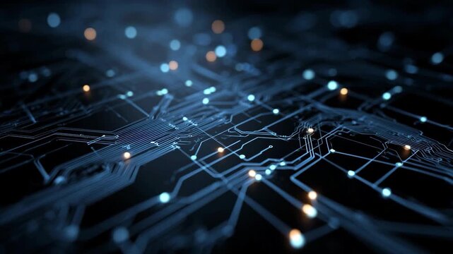 Close-up futuristic circuit board with glowing electronic pathways