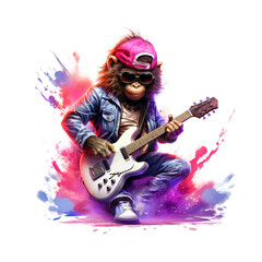Cool monkey playing guitar on clean background. Music. Wildlife Animals. Illustration, Generative AI.