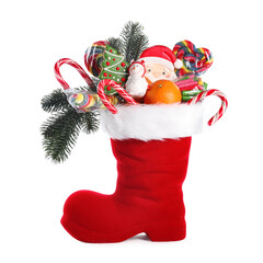 Saint Nicholas day. Red boot with treats and festive decor isolated on white