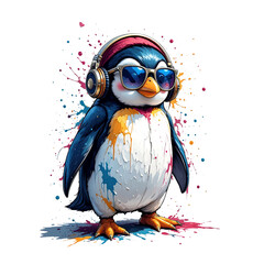 Cute penguin wearing sunglasses and headphones, with bright splashes of paint, illustrated in a cheerful, urban.