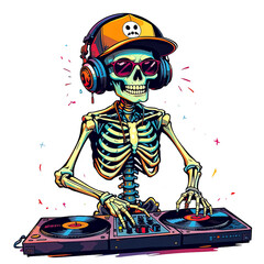 Cool skeleton DJ wearing a cap, sunglasses, and headphones, mixing music on turntables in a vibrant, comic book style.