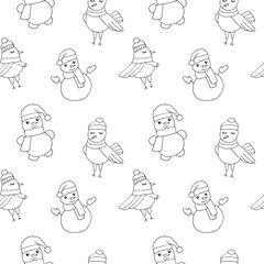 Winter birds in hats and scarves and snowmen seamless pattern, hand drawn, vector illustration