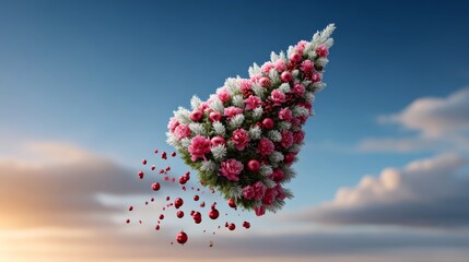 Vibrant floating Christmas tree adorned with pink flowers and red ornaments, surrounded by a serene sky, creating a whimsical holiday atmosphere with a touch of magic and festive cheer