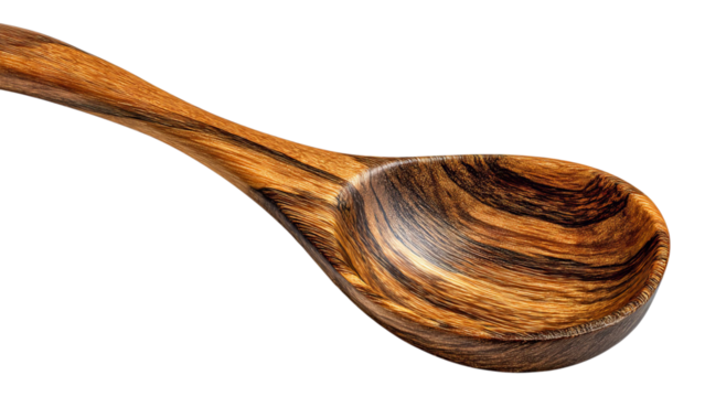 PNG of Handcrafted wooden spoon showcasing intricate grain patterns.