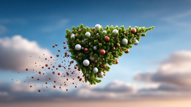 Floating Christmas tree with colorful ornaments and festive decorations, creating a whimsical holiday atmosphere against a dreamy sky with soft clouds and a sense of magic and celebration