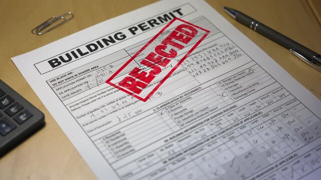 Close-up of a rejected building permit stamped in red ink on a desk with pen and paper clips, symbolizing construction denial or zoning issue. Fictional data. 14916  	