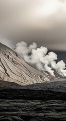 Active volcano erupting with lava flow and smoke rising into the sky