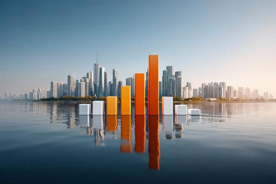 Skyline and variously sized 3D bar charts on water, representing data visualization in front of a modern cityscape at dawn.