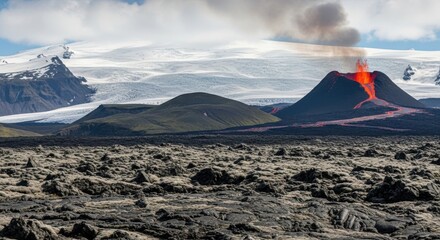 Volcanic eruption with glowing lava flowing down the mountain under a cloudy sky