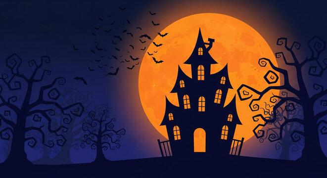 Silhouette of haunted house against a full orange moon, with bare trees and flying bats, symbolizing spooky and festive atmosphere for Halloween