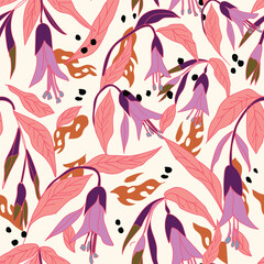 Exotic hand drawn flowers, seamless patterns with fuchsia a flower hybrid ballerina floral for fabric, textiles, clothing. Vector illustration