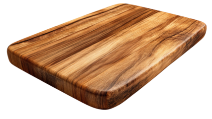 PNG of A beautifully crafted wooden cutting board showcasing rich grain patterns and a smooth surface.