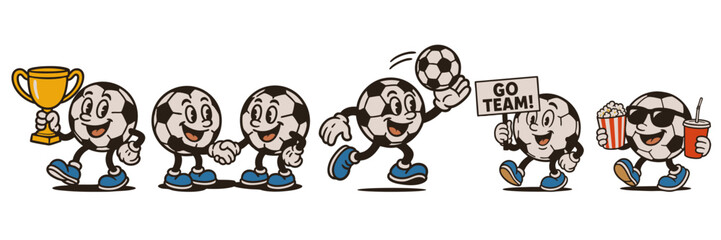 Set of vintage soccer ball mascots in action with happy expressions, for sports and event graphics