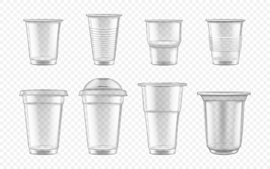 Plastic cup. Clear smoothie glass. Lid holder mock up or transparent offer. Lemonade disposable mug. Straw for ice juice. Cocktail and milkshake tableware. Vector realistic mockups set