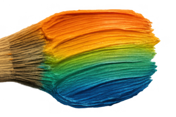 Paint brush making a colorful rainbow stroke, blending orange, yellow, green, teal, and blue acrylic paint on transparent background