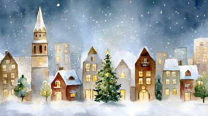 un pueblo o ciudad pintoresca pintada en acurela hermoso paisaje de las calles nevadas o nevando con luces encendidas y un arbol de navidad en invierno para tarjeta de copia 