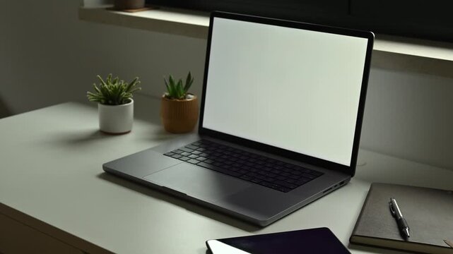 Time lapse footage day to night, open laptop with blank mockup screen on white office desk beside notebook, digital tablet and potted cactus plants, modern workspace concept. 4K.
