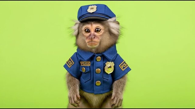 A cartoon monkey in a police uniform stands against a