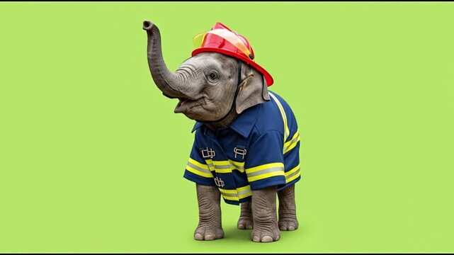 Elephant wearing firefighter hat and uniform on greenscreen
