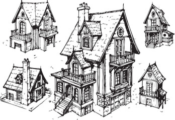 Vintage castle sketch in European town with urban architecture and old towers