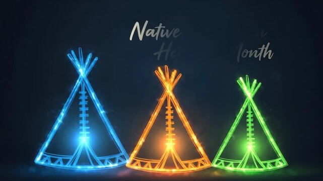 colorful outline illustration of teepees for native american heritage month. handwritten text on dark background. holiday: cultural celebration. banner, poster.