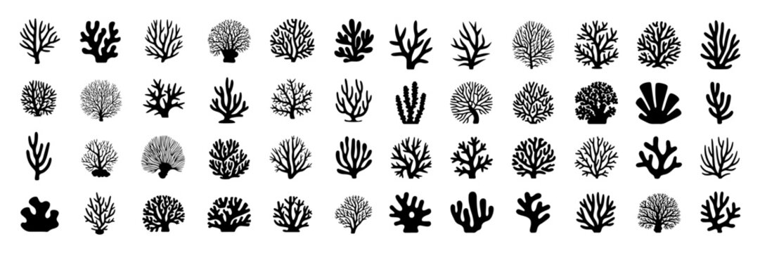 Collection of various coral silhouettes, showcasing different shapes and sizes of coral