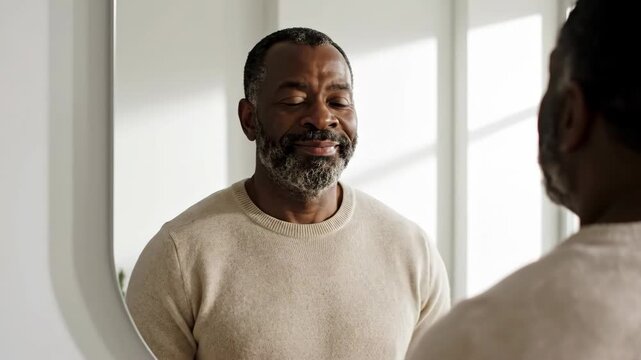 A mature African American man looks at his reflection in the mirror. His expression changes from worried to a confident smile. Self-reflection and mental health concept