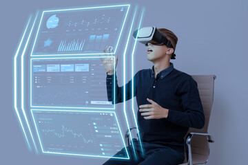 Man using digital screen with data via virtual reality headset on grey background. Innovative technology for business