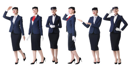 Obraz premium Stewardess in uniform on white background, collection of portraits