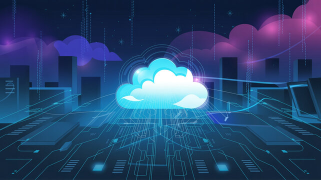 Glowing cloud over digital cityscape cloud computing digital art