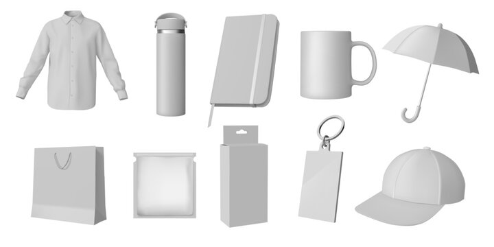 T shirt template. Corporate brand souvenirs. White box of tea bag. Identity products for marketing. Mug and gift package. Blank bottle. Office cap or stationery pen. Vector 3D objects set